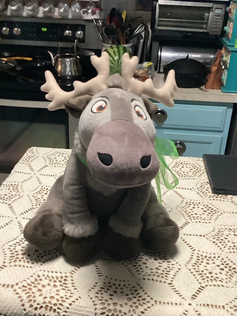 Disney Gray and Brown Sven Plush Reindeer with Green Ribbon